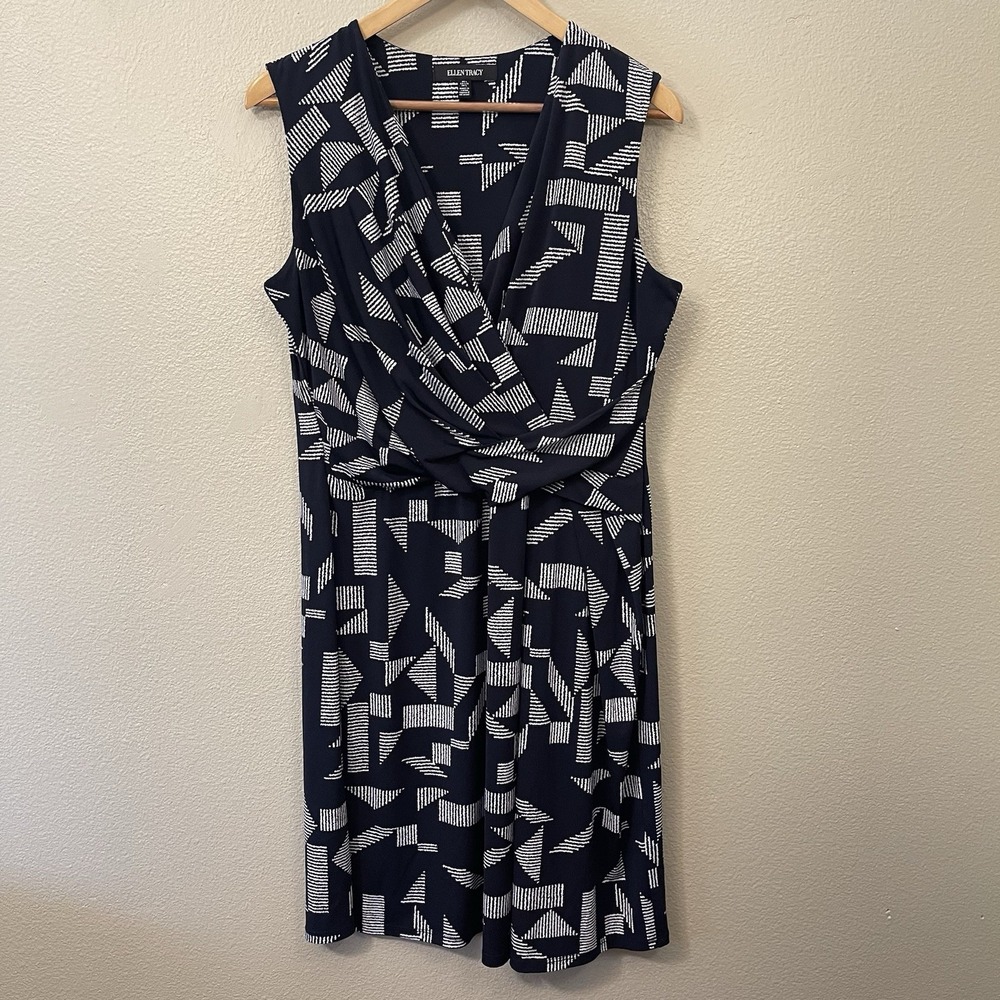 Ellen Tracy Geometric Pattern Dress Stretch Navy White Cruise Nautical Size L